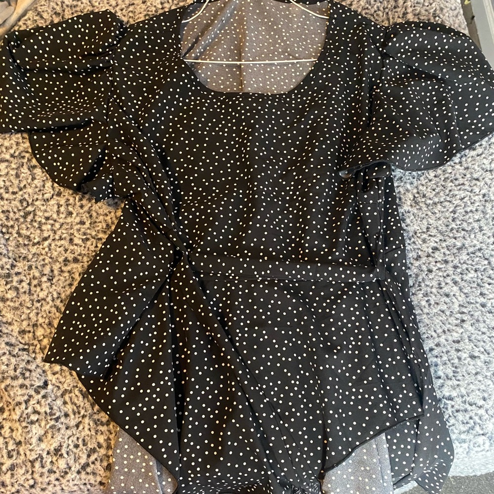 Black with white polka dot top with tie waist